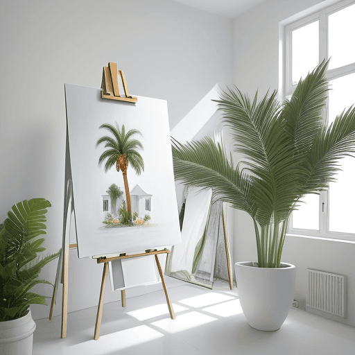 AI generated:  realistic modern white Atelier with easel and white vanvas on a white wall , wide windos to a sunny...
