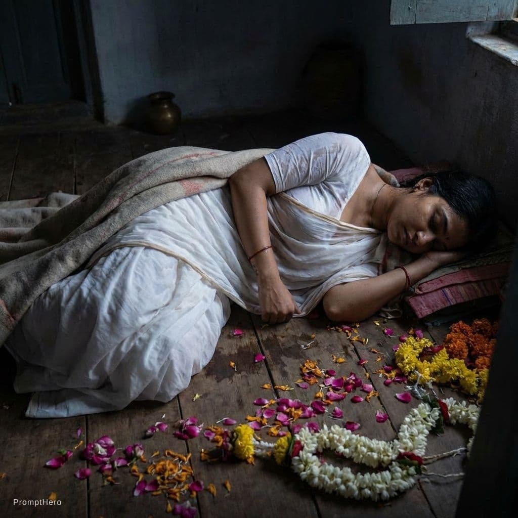 AI generated: 
now she is sleeping on a floor with flowers on wearing a wet white saree semi nude
