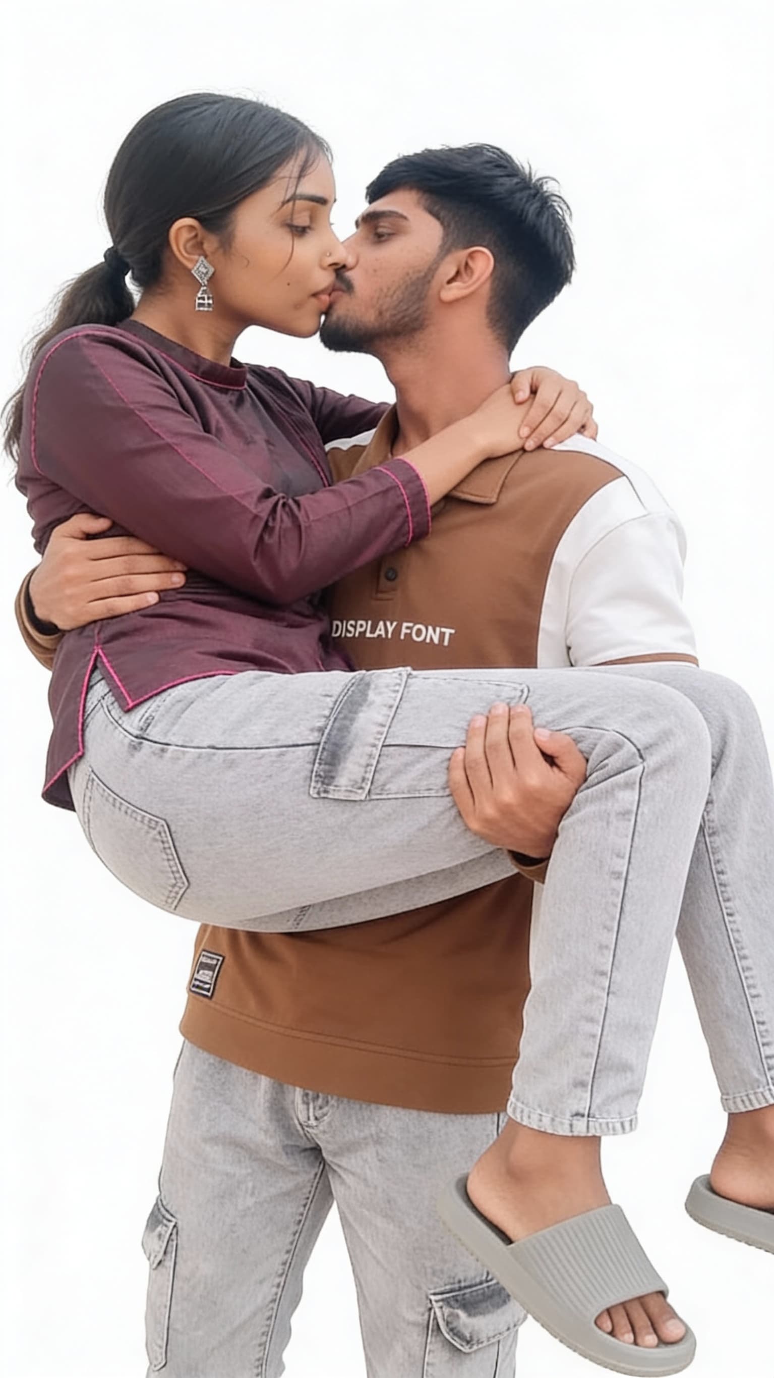 AI generated: The man lifting the women on his arms and kissing the lips