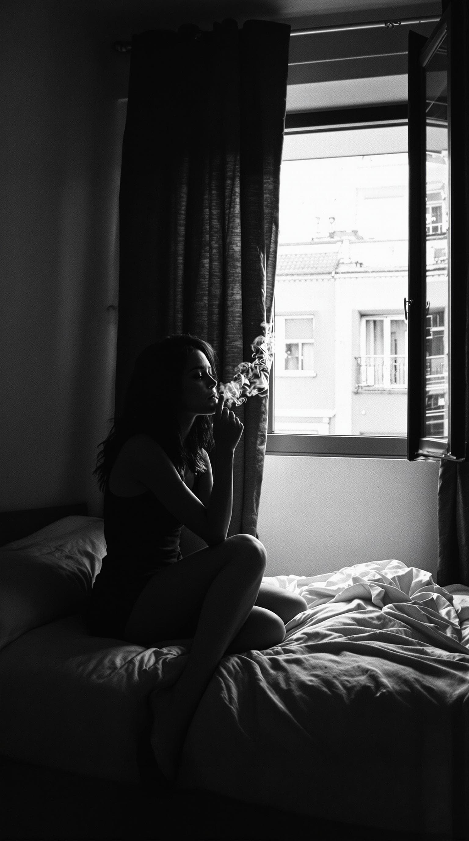 AI generated: Cinematic black and white, French new wave film look. a lady sitting on the edge of the bed, smoking...
