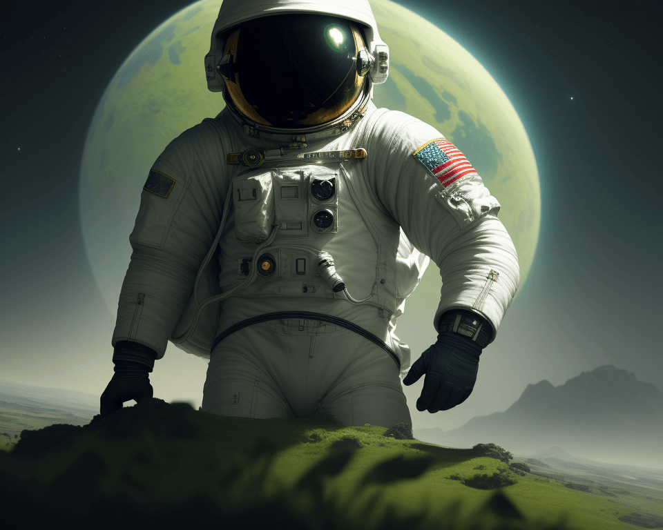 AI generated: illustration of astronaut on a verdant world, a masterpiece sci-fi atmospheric, highly detailed, sha...