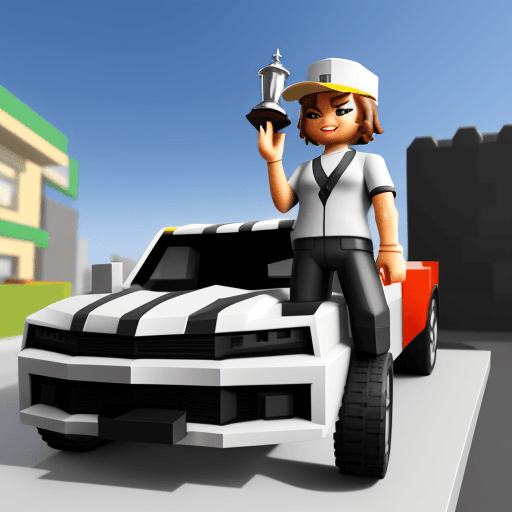 AI generated: Roblox avatar is holding a trophy while posing on a car displayed from an orthographic point of view