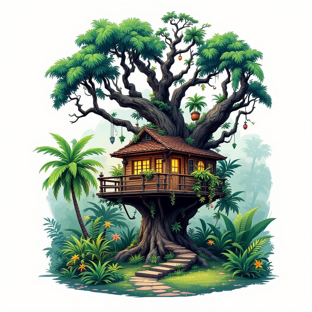 AI generated: treehouse in a tropical forest







