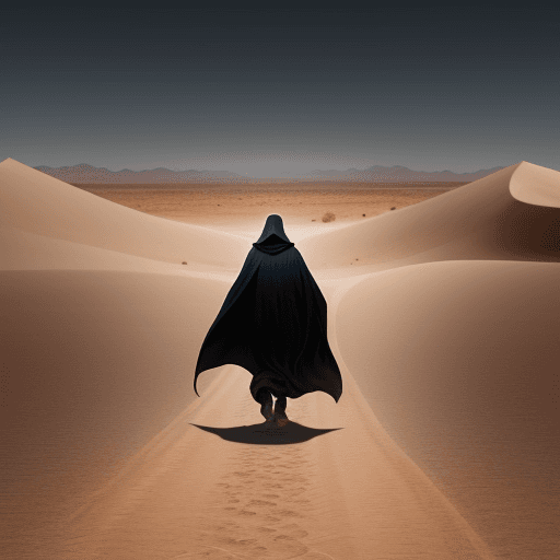 AI generated: Mysterious figure in striking cloak walking through the desert