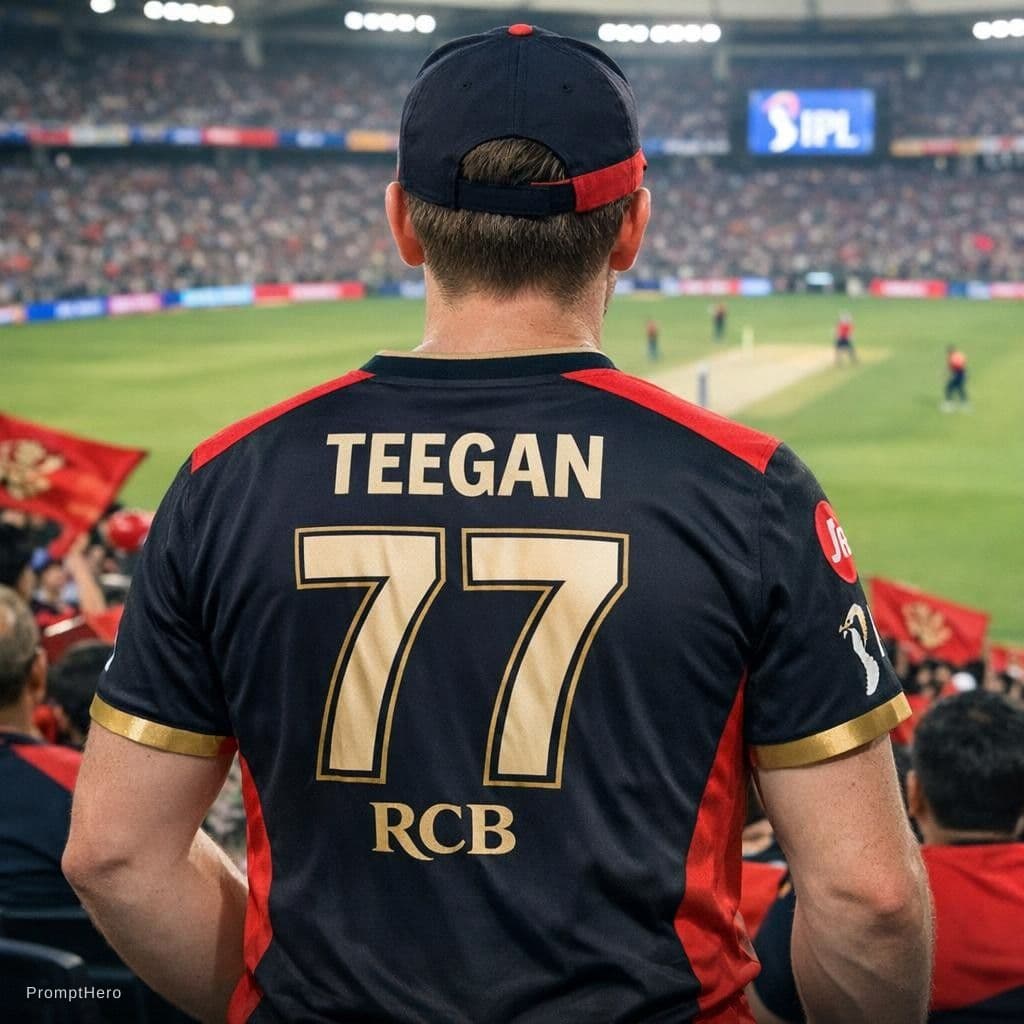 AI generated: Generate a photo teegan in stadium watching cricket ipl and he wearing rcb tishirt backside jersey n...