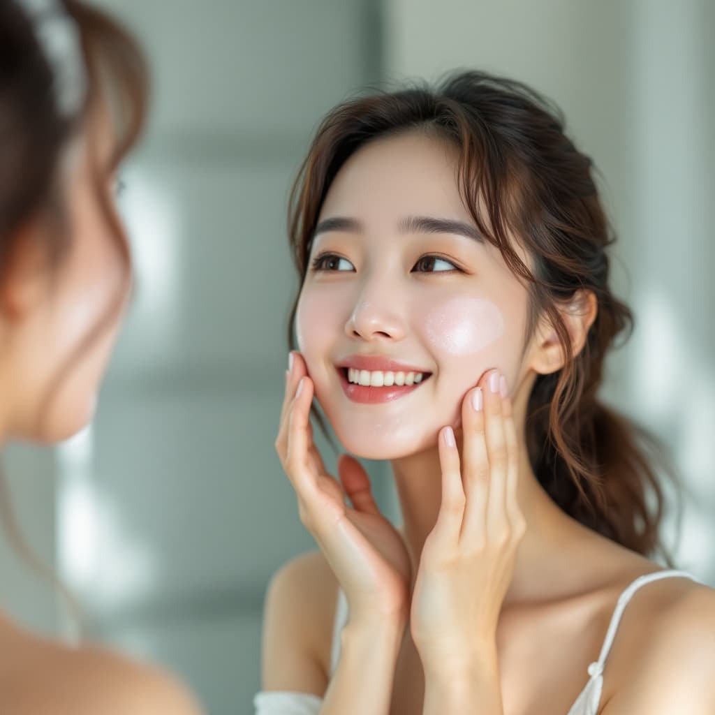 AI generated: korean skincare routine, asian woman is using a toner, realistic, bright image