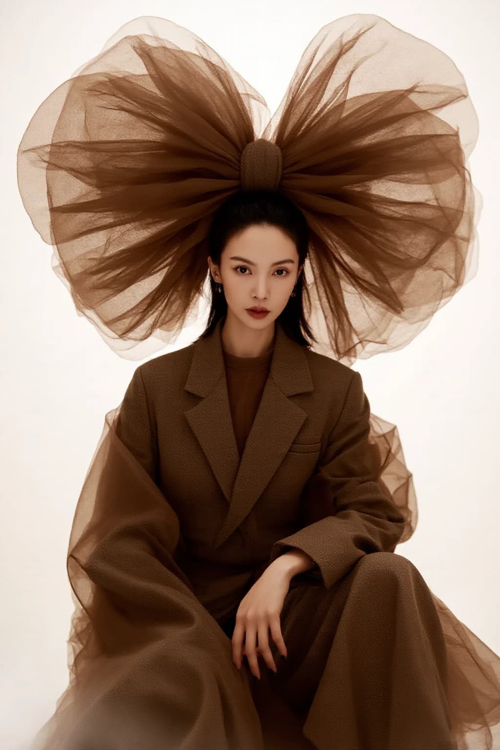 AI generated: A woman is elegantly posed against a stark white background, exuding a sense of sophistication and m...