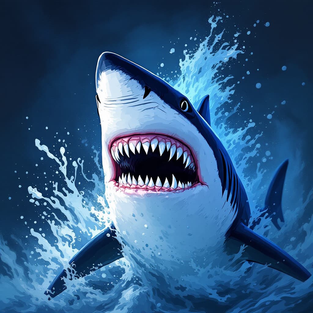 AI generated: Fearless shark, ruling the ocean depths, with sharp teeth and powerful presence, by Pixar Animation ...