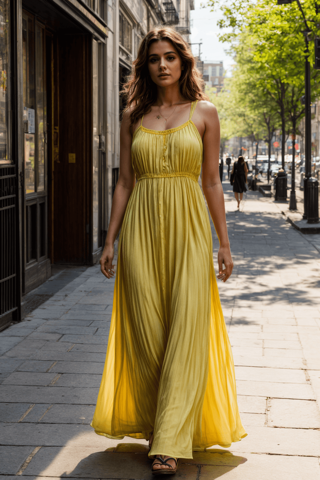 AI generated: masterpiece, best quality, 8k, cinematic light, ultra high res, 1girl, Yellow Georgette Maxi Dress, ...