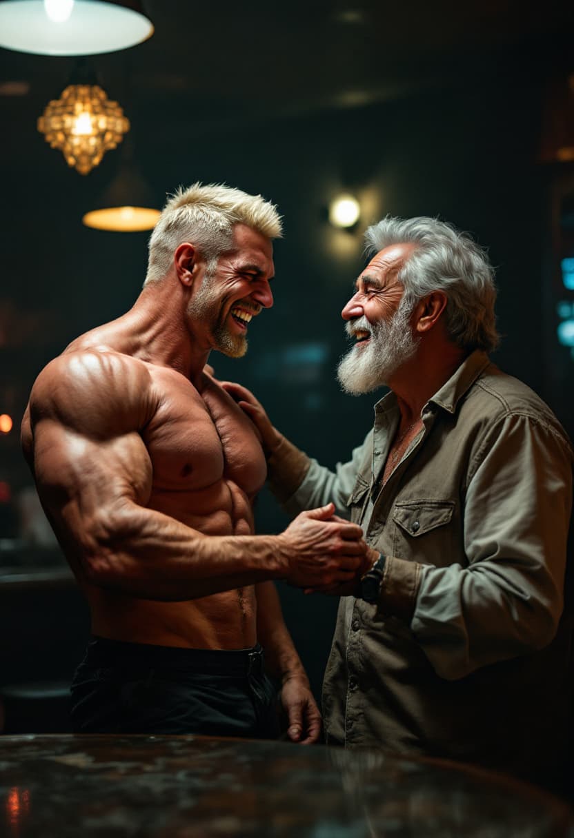 AI generated: high-resolution photo two men laughing in night club, first man extremely muscular man, platinum blo...