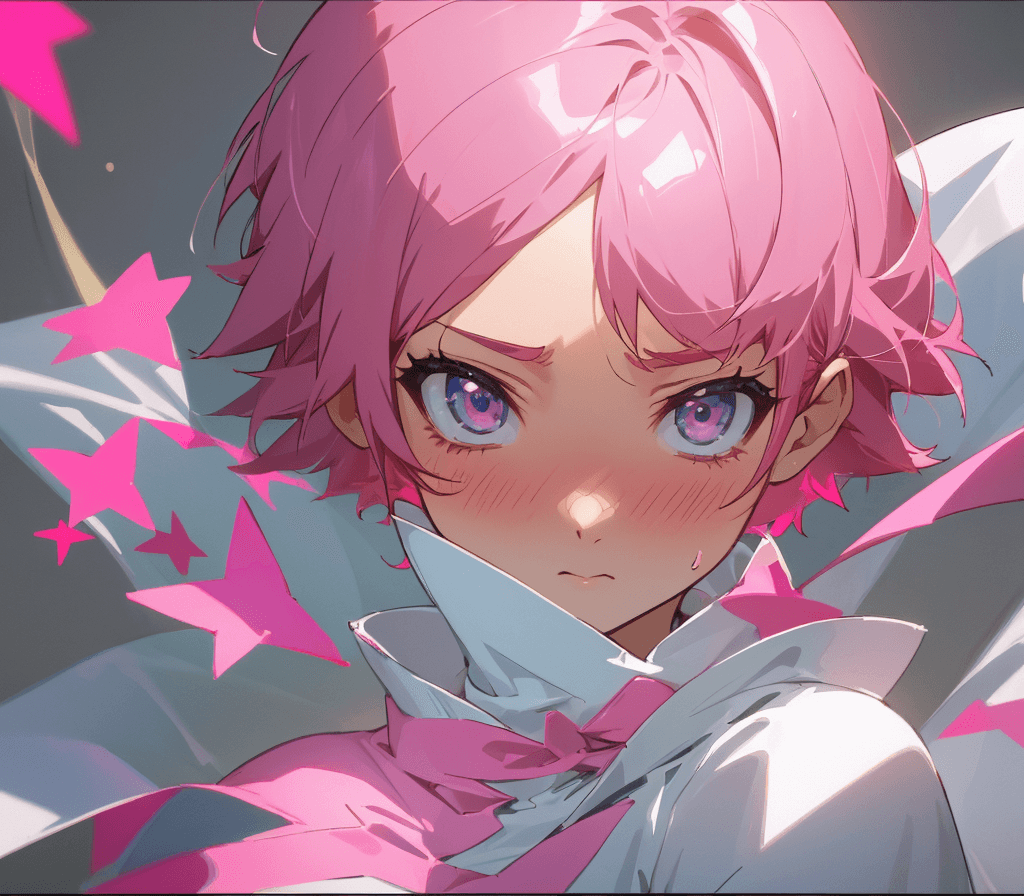 AI generated: a woman, masterpiece, best quality, anime, short hair, pink hair, embarrassed.