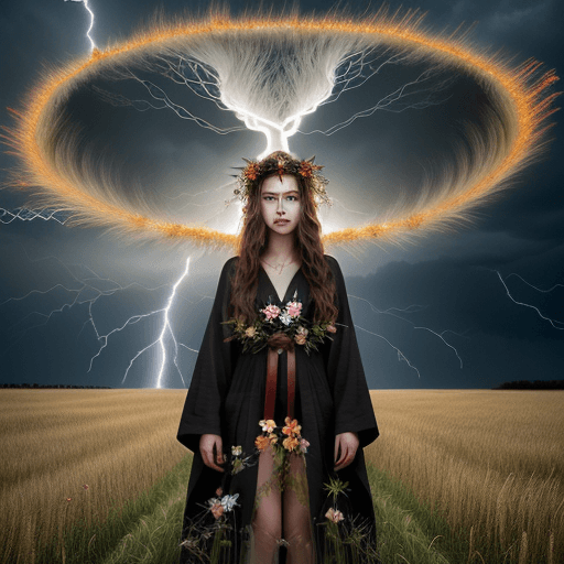 AI generated:  A young goddess with long wavy hair, standing in a flower field of tall grass. She is wearing a dar...