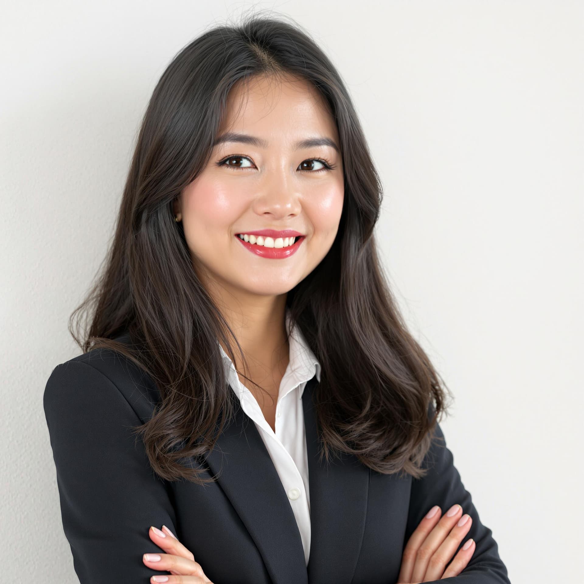 AI generated: asian woman in business professional attire, white wall