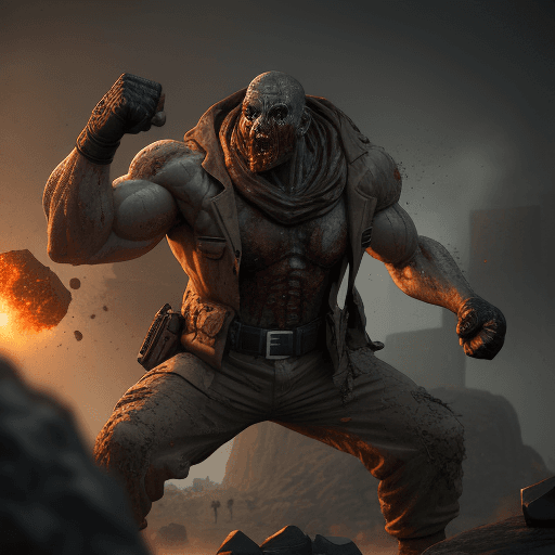 AI generated: man,shoot in zombie,fort defense,punching giant stone, dynamic pose, military uniform, molten rock, ...