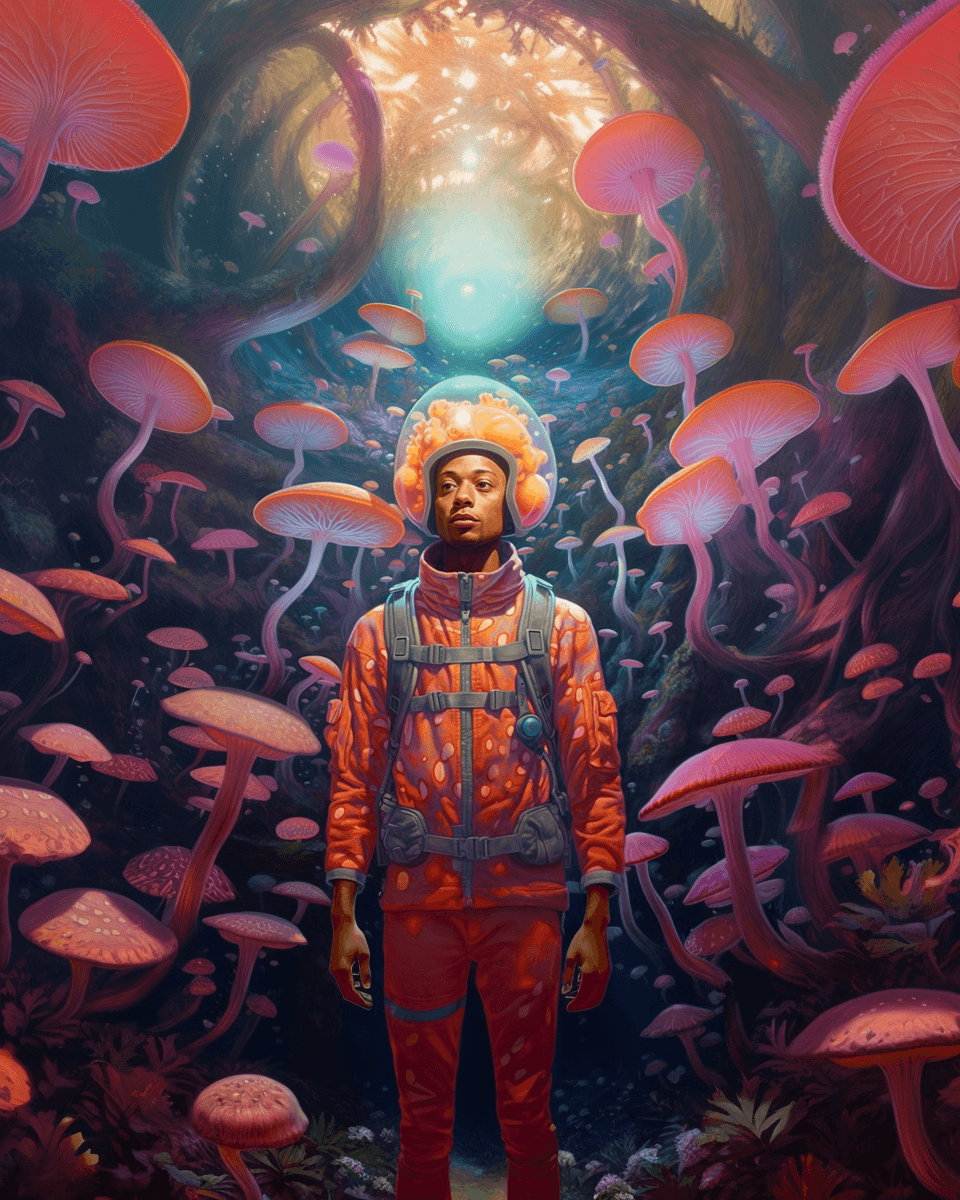 AI generated: Jimi Hendriz with astronaut dress in the mushroom forest, psychedelic mood, astral figures, morning ...