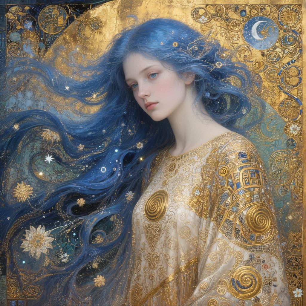 AI generated: A luminous portrait of a mysterious young woman with long flowing sapphire-blue hair, surrounded by ...