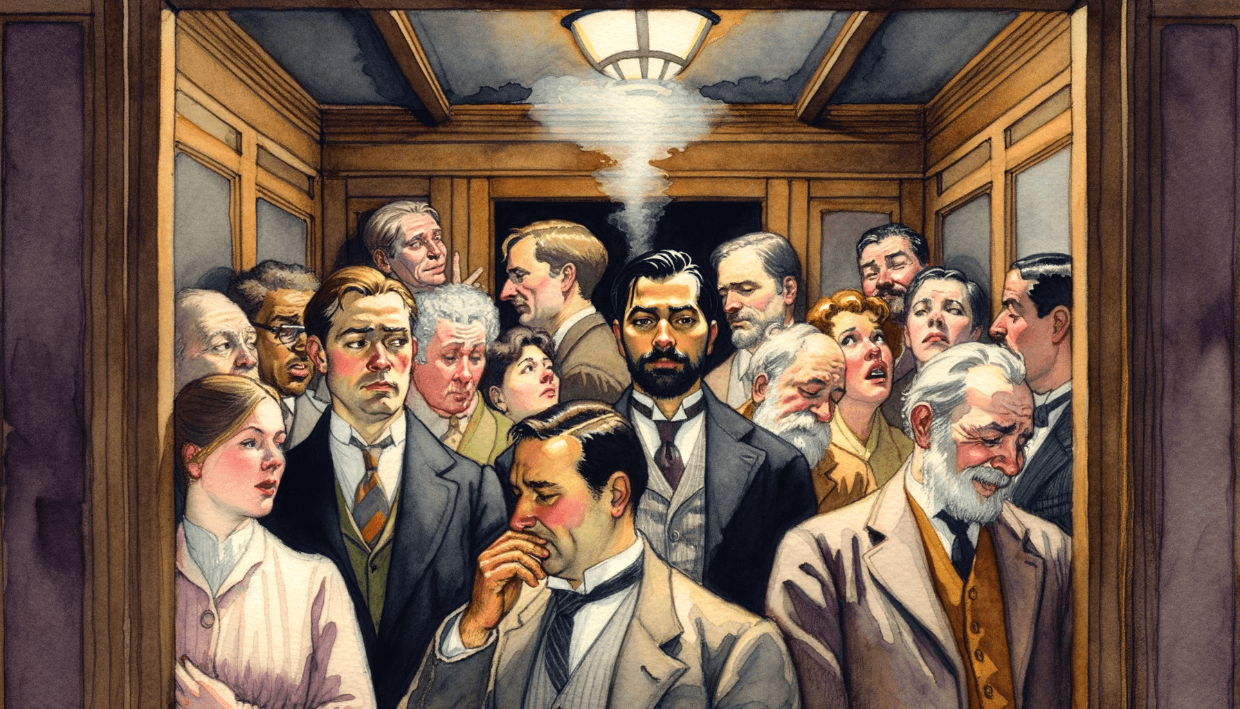 AI generated: while riding in a crowded elevator Walter is embarrassed after farting, stinky, gestures and glances...