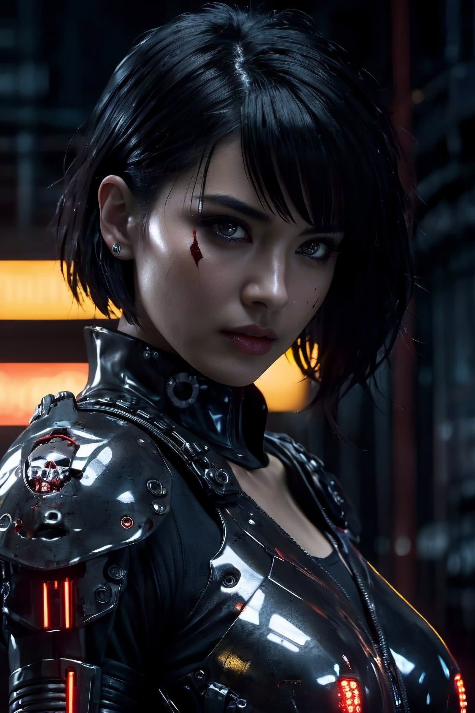 AI generated: girl, cyberpunk augmentation, cyberware, cyborg, carbon fiber, chrome, implants, metall skull, blood...