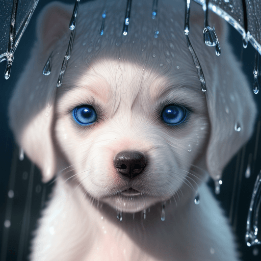 AI generated: Blue eyed puppy,Closeup of a puppy's face in the rain with raindrops collecting in its fur and dripp...