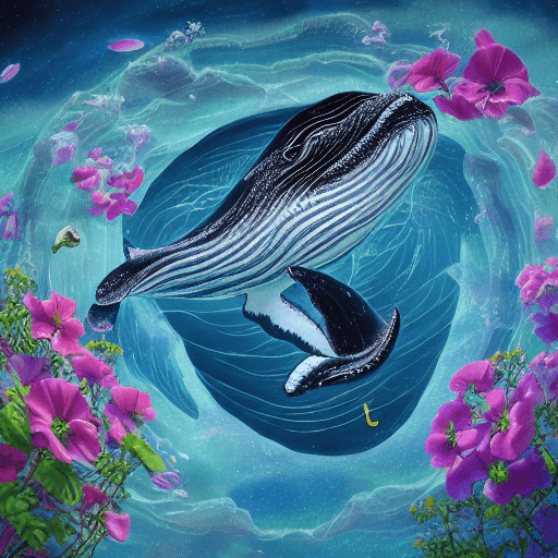 AI generated: a happy whale, flying through space with its vase of petunias, humpback whale, high fantasy, digital...