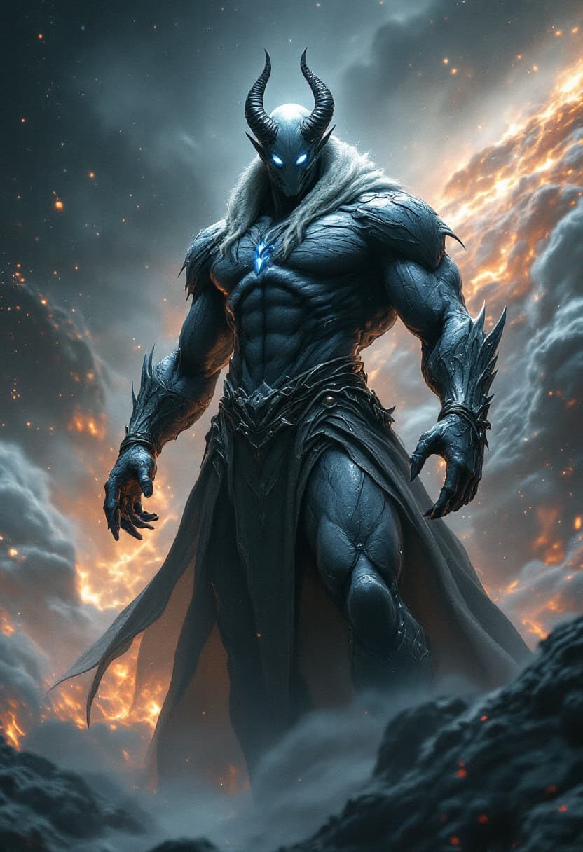 AI generated: God of Gases, full-body, Etherial, muscular, No mouth or hair, Glowing grey eyes, epic, cinematic, 8...