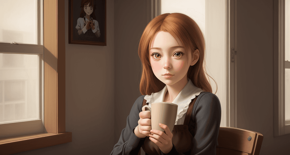 AI generated: Girl with coffee by window, in the style of charming anime characters, realistic portrait, photoreal...