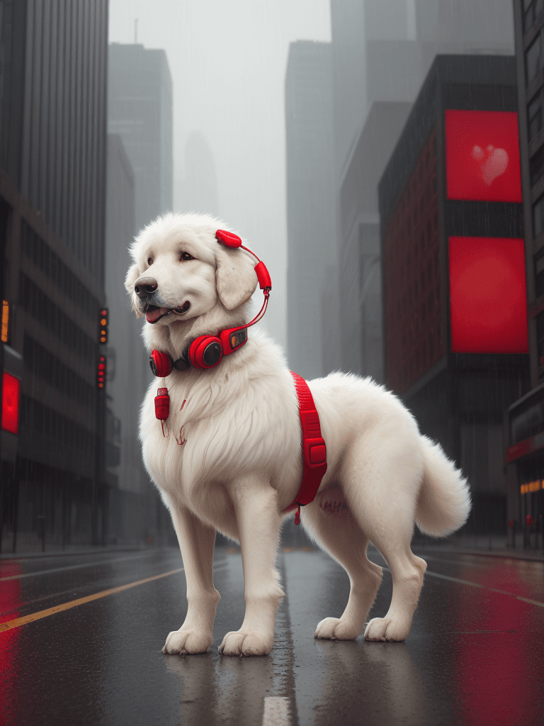 AI generated: Kuvasz dog, white, brown eyes, wearing large apple headphones, a red down jacket, standing on the ro...