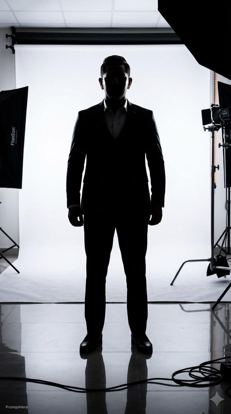 AI generated: Capture a male model's silhouette, white backdrop in photo studio, strong backlit lighting creating ...