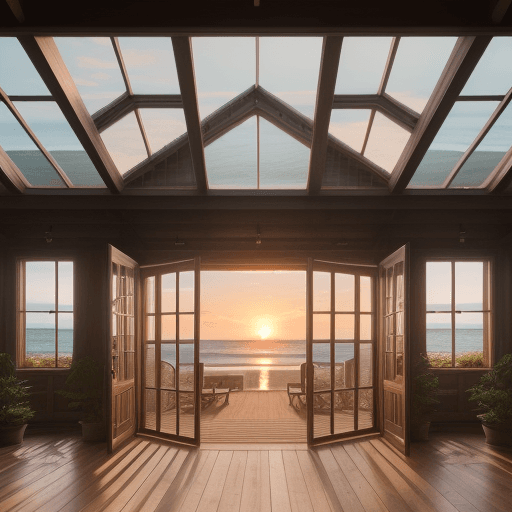 AI generated: Big house in front of the beach, sunset, High resolution photography interior design, wooden floor, ...