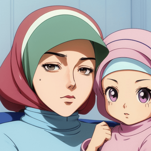 AI generated: a close up of anurse woman with hijab and some child in bed and serum. retro anime girl, misty from ...