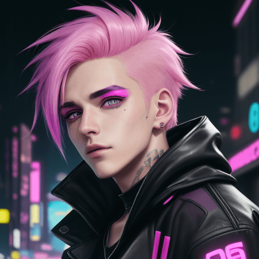 AI generated: A male with a cute face, and sleepy beautiful eyes, wearing a black jacket, bright-colored neon pink...