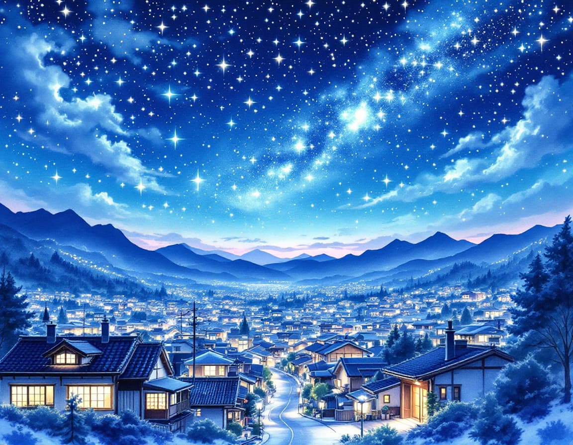 AI generated: Watercolor Style, the night sky is full of stars, animate, in a Japanese town at night, star roof, b...