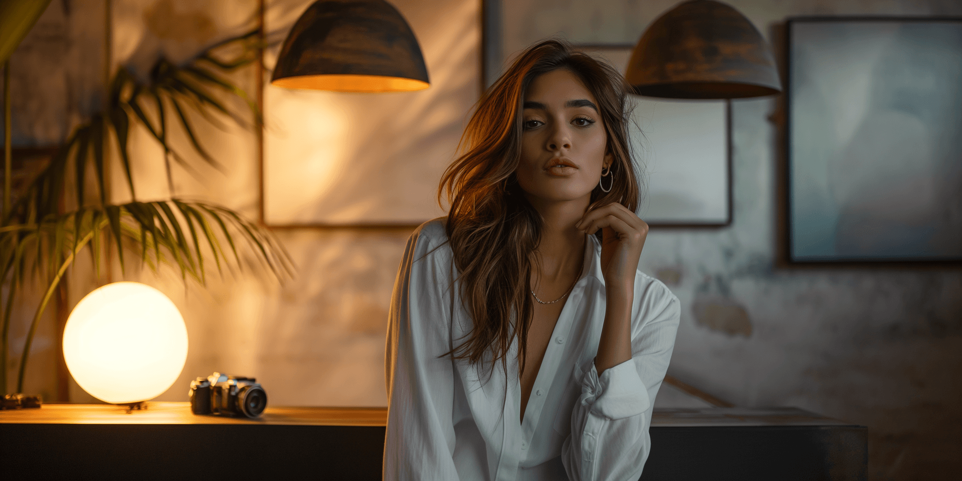 AI generated: a female model posing during a photo shoot, in a reception area, desk with trendy pendant light, Nik...