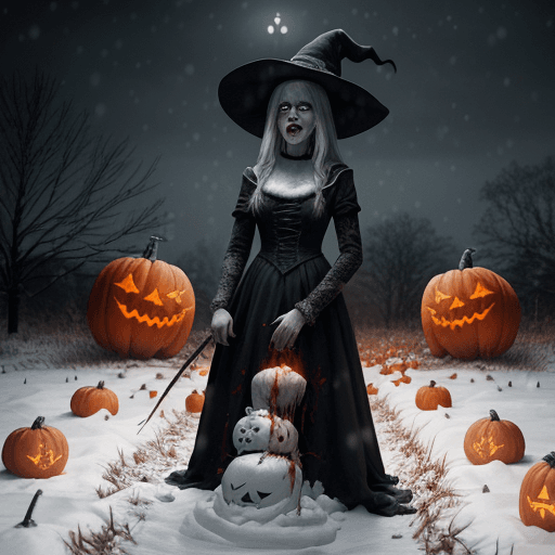 AI generated: the haunting image of a witch in a snow covered field, surround by Christmas presnts and blood pumpk...