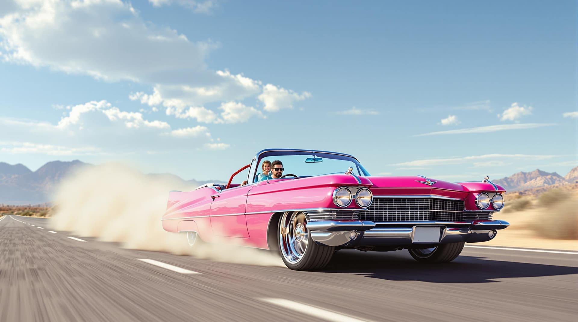 AI generated: Envision a 3D photorealistic, bright pink 1960s Cadillac with a man driver and girl passenger chargi...