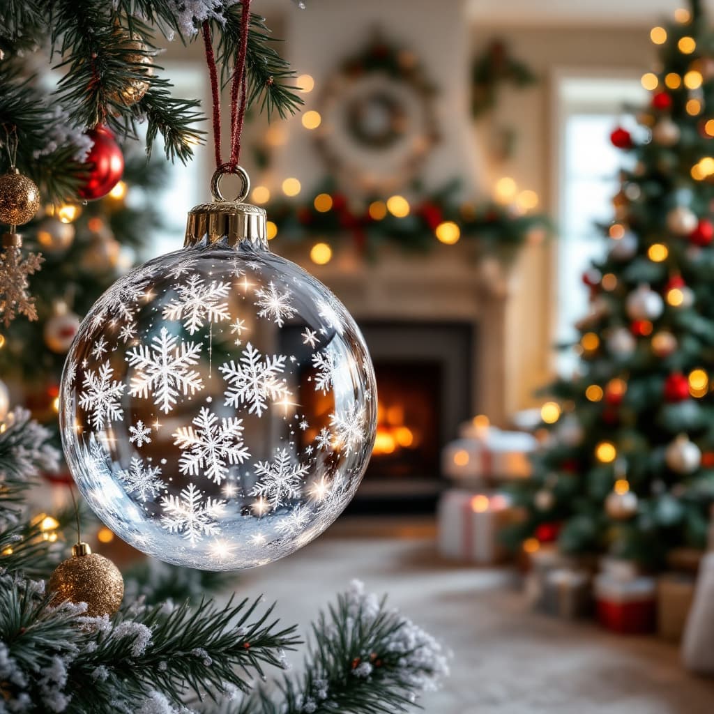 AI generated:  crystal ornament with beautiful snowflakes . The shelf is filled with many Christmas ornaments. In ...