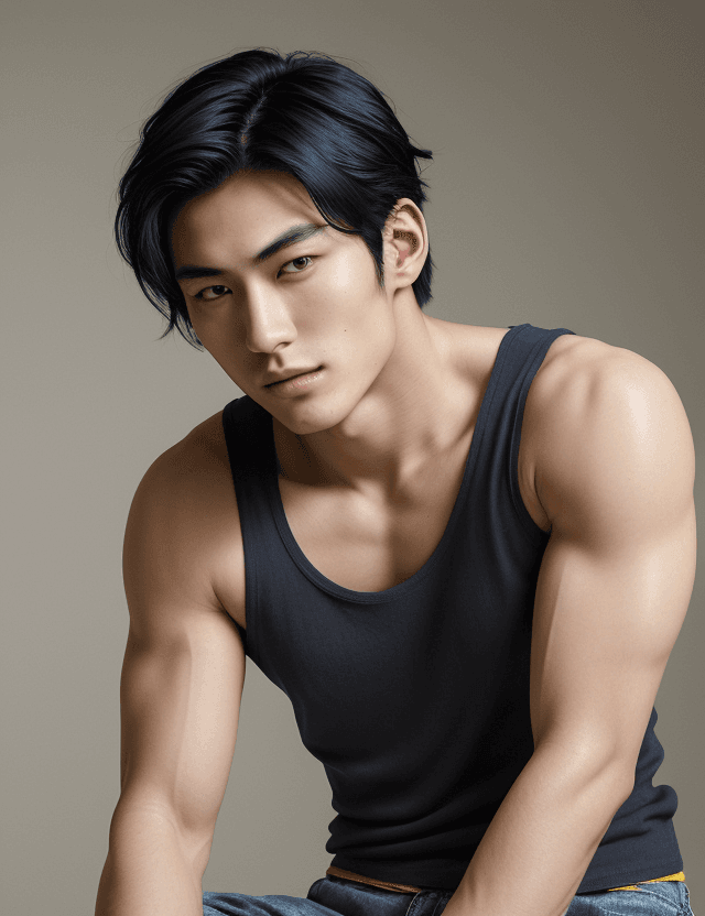 AI generated: A photorealistic portrait of a beautiful 24-year-old Japanese male model, masterpiece, smirk, very s...