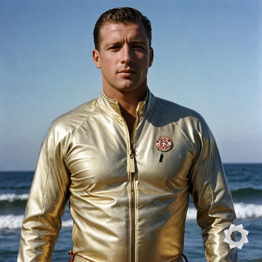 AI generated: a man in life saver's suits, in the style of golden age aesthetics, cut/ripped, candid celebrity sho...
