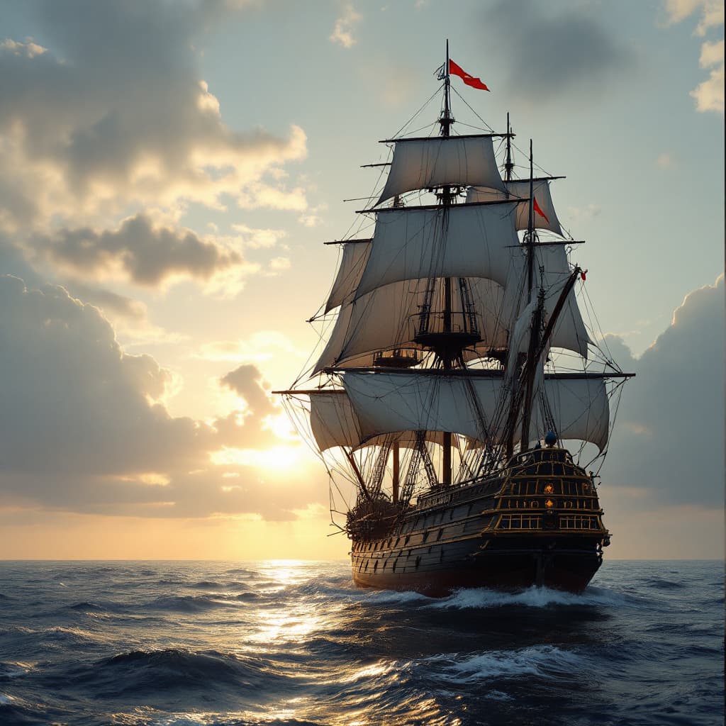 AI generated: Photo of a ultra realistic sailing ship, dramatic light, pale sunrise, cinematic lighting, battered,...