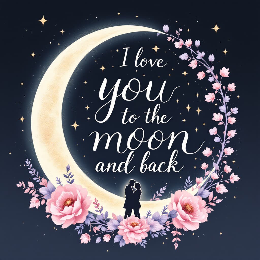 AI generated: Romantic celestial illustration, focus on legible elegant cursive text: "I Love You to the Moon and ...