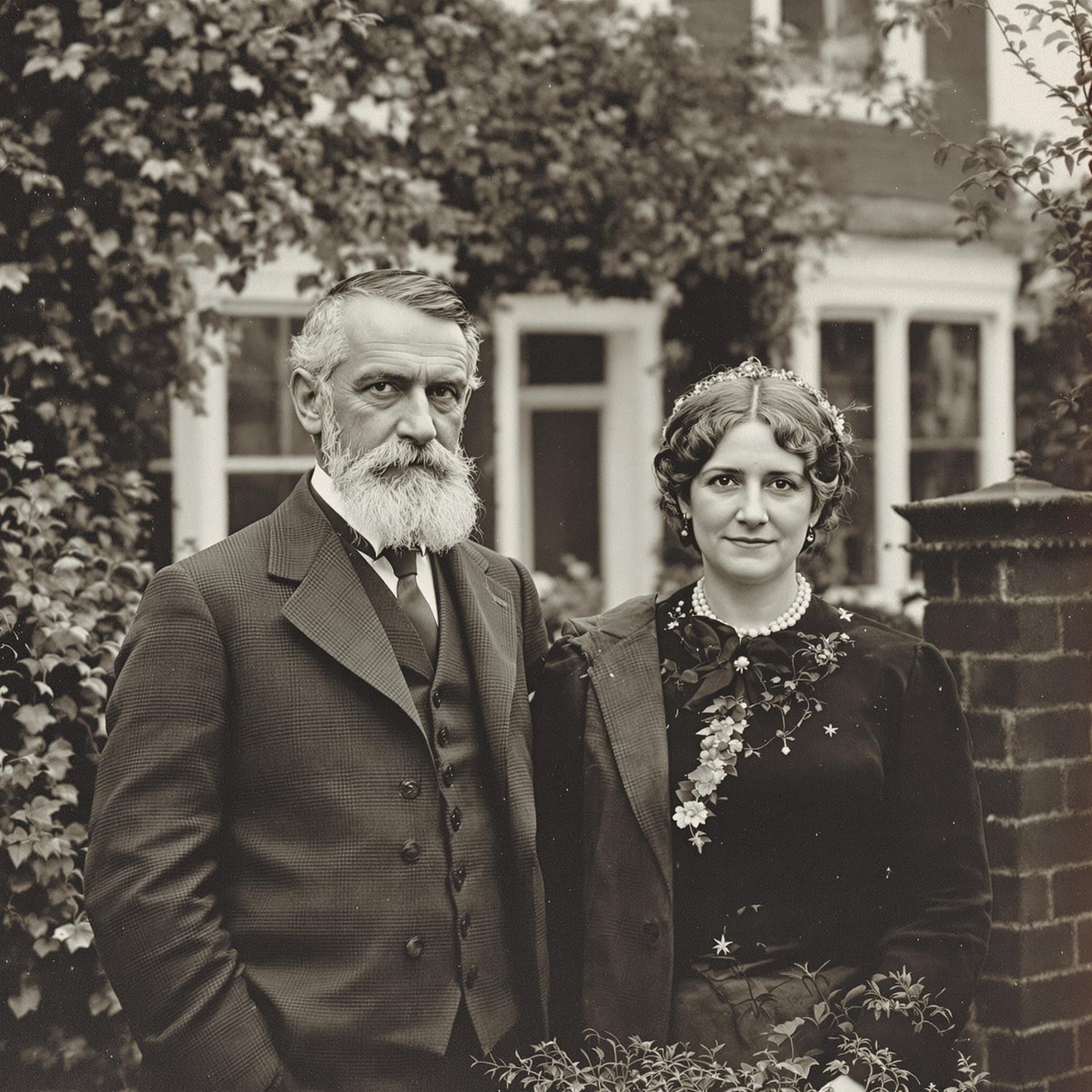 AI generated: highly detailed portrait from 1890 of a man and his wife stood outside their family home in London, ...