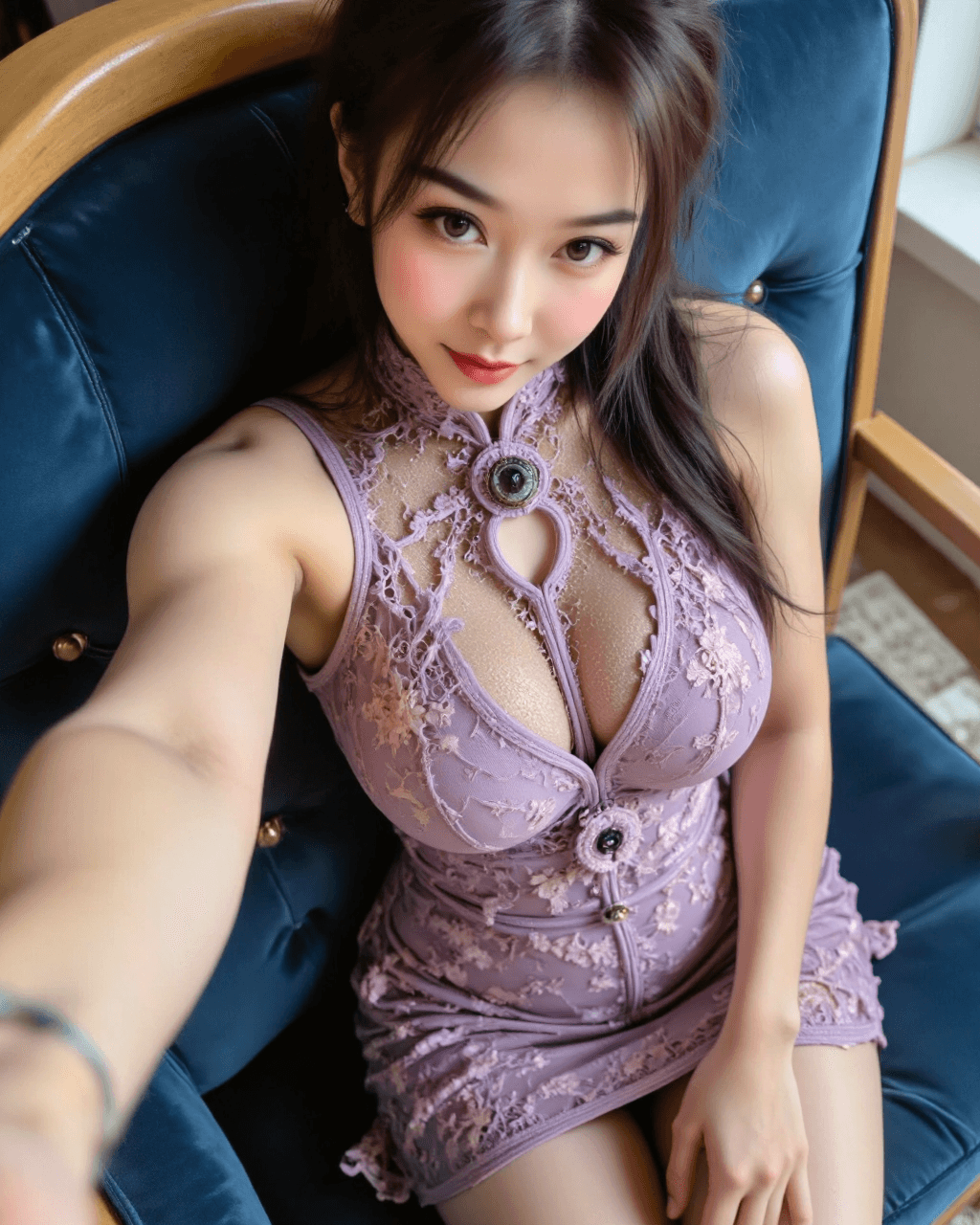 AI generated: A high-angle, close-up selfie shot captures a woman as she reclines on a blue chair or couch. The ca...