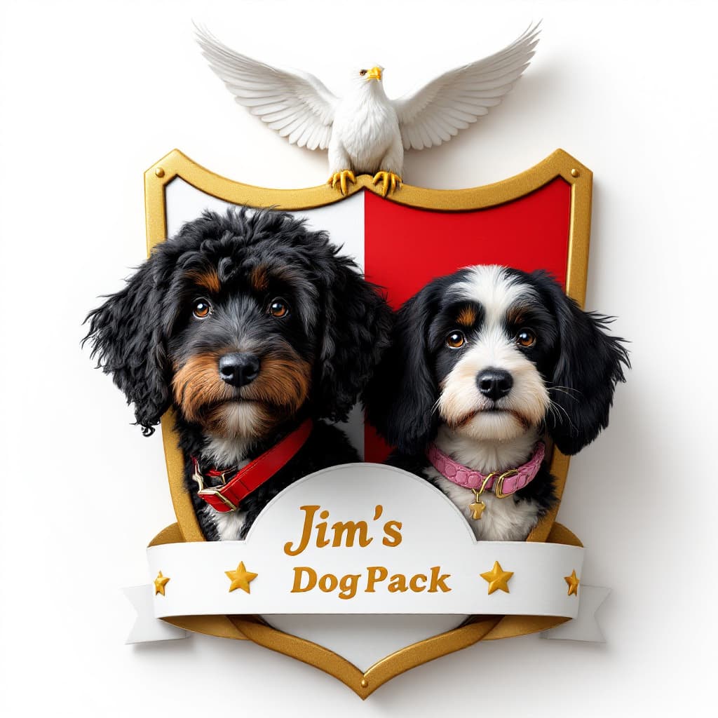 AI generated: magina photorealistic photo. coat of arms shield. on the shield writing in gold "Jim's DogPack". on ...