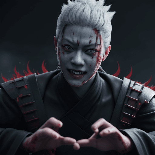 AI generated: Sakuna, Bloody moon, Evil Smile , JUJUTSU KAISEN, evil villain pose, fight scene,ultra realistic, 8k...