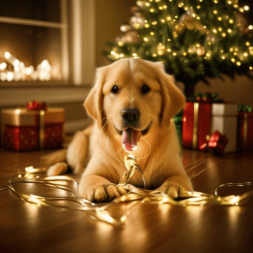 AI generated: Naughty Golden retriever, tangled up in large Christmas lights, Christmas tree in background, sharp ...