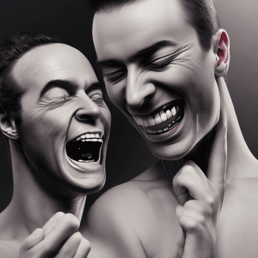AI generated: Surreal illustration of two white faces, one laughing widely and the other crying, dramatic pose, li...