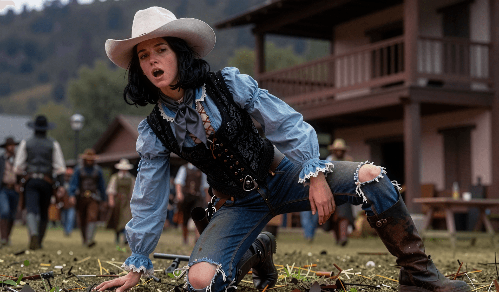 AI generated: Photorealistic cinematic still, medium shot, extreme low-angle shot, 18-year-old Belgian female guns...
