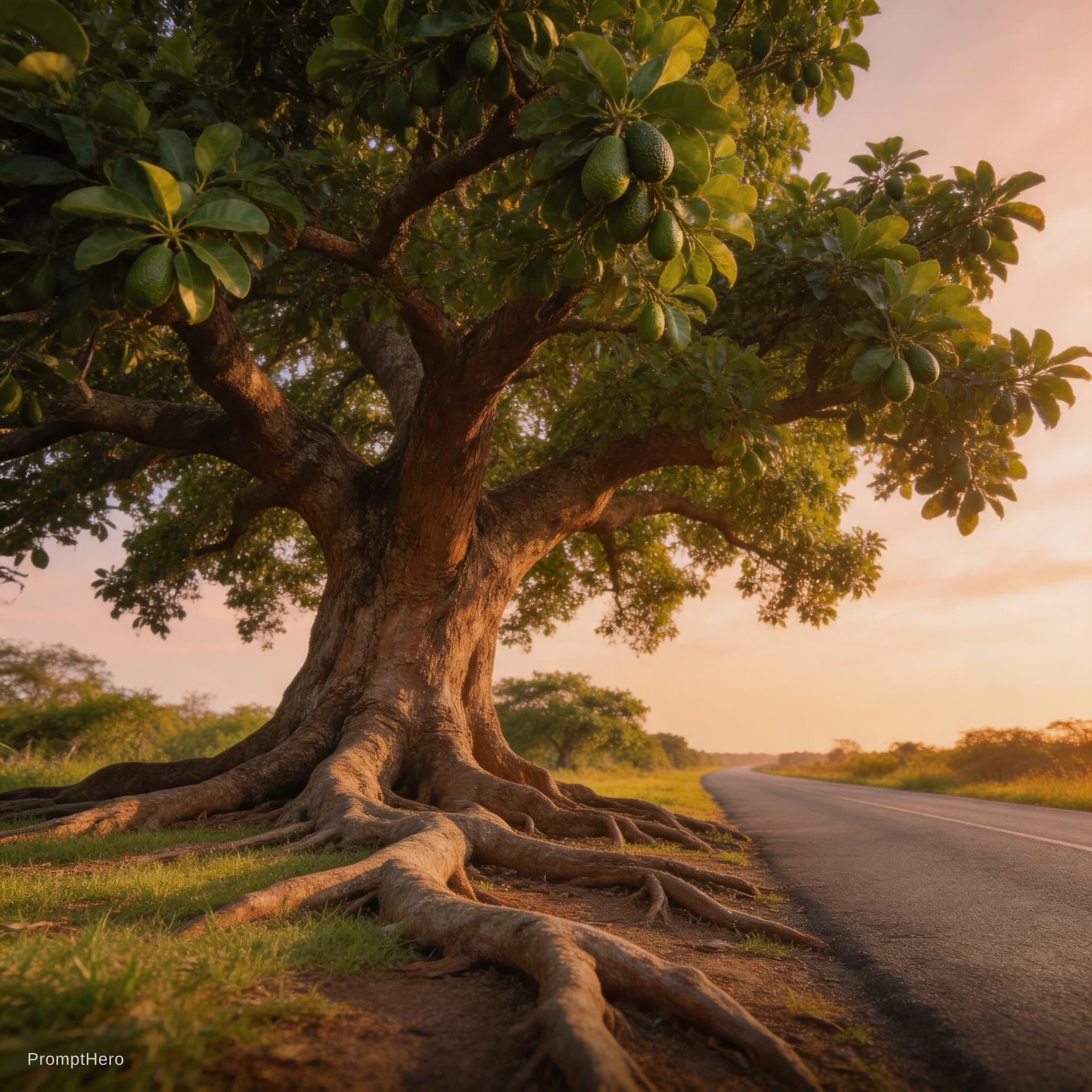 AI generated: An ancient avocado tree with deep roots, lush foliage, and fruit bathed in the evening light; a road...