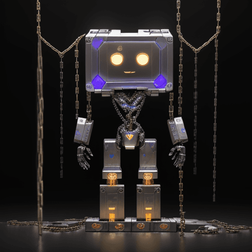 AI generated: A robot with a coin or token in place of a heart inside its metallic chest, standing in front of a b...