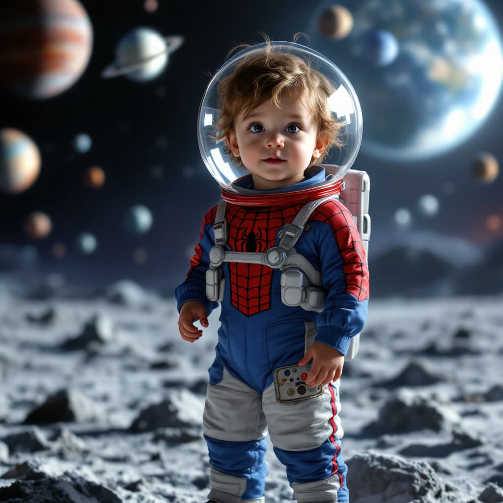 AI generated: "A realistic and high-quality image of a 3-4 year old child wearing a Spider-Man themed astronaut su...